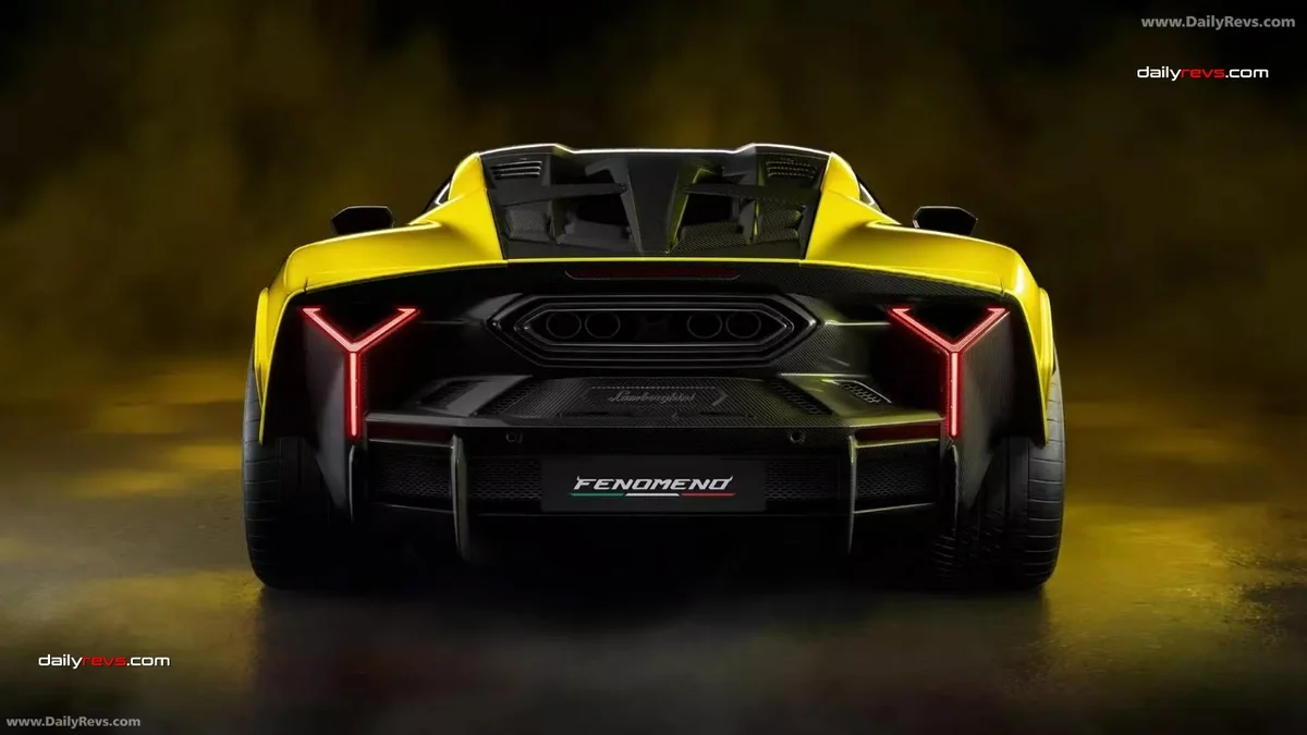 2026-lamborghini-fenomeno-v12-rear-design.jpg Rear view of the yellow Lamborghini Fenomeno showing Y-shaped LED taillights, central exhaust outlets and rear diffuser.