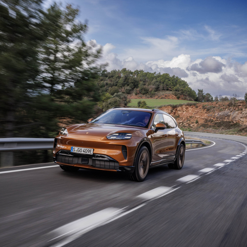 2027 Porsche Cayenne Electric E4 Madeira Gold Front View