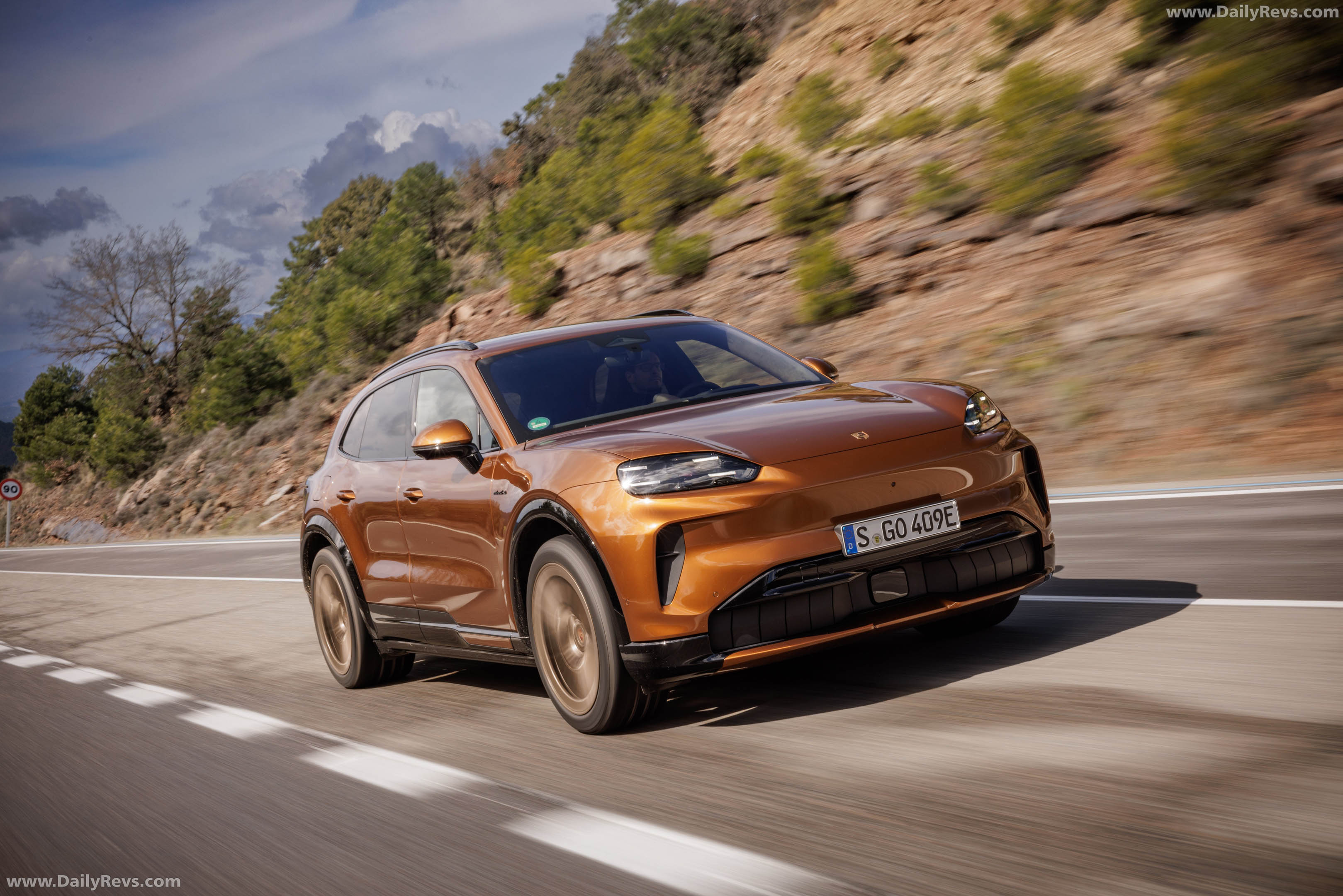 2027 Porsche Cayenne Electric E4 Madeira Gold Front View