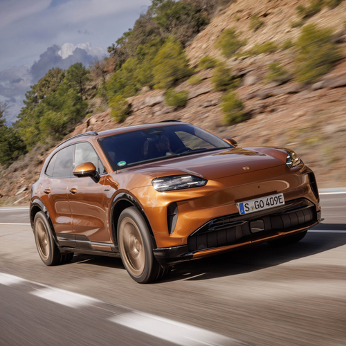 2027 Porsche Cayenne Electric E4 Madeira Gold Front View