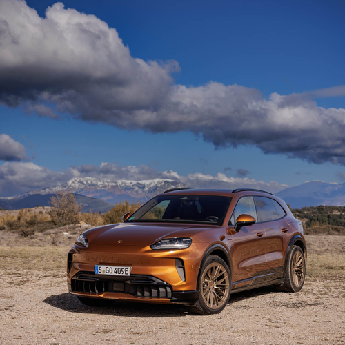 2027 Porsche Cayenne Electric E4 Madeira Gold Front View