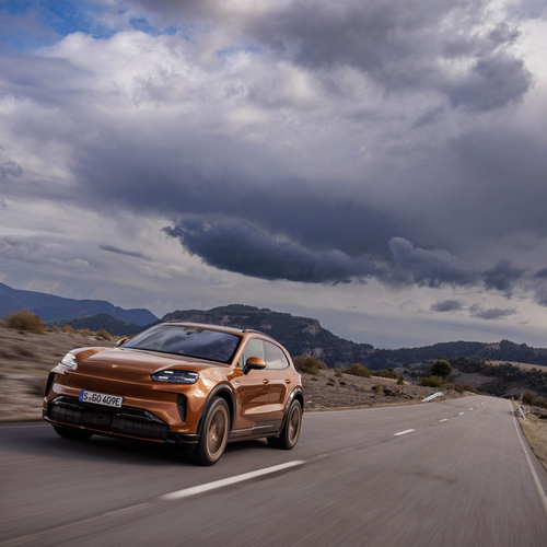 2027 Porsche Cayenne Electric E4 Madeira Gold Front View