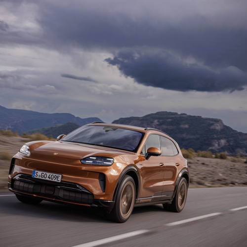 2027 Porsche Cayenne Electric E4 Madeira Gold Front View