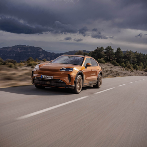 2027 Porsche Cayenne Electric E4 Madeira Gold Front View