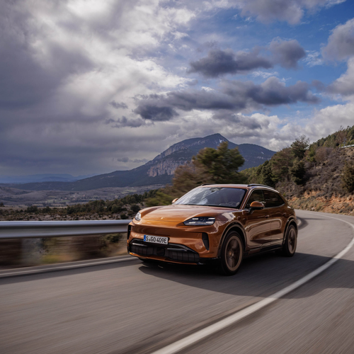 2027 Porsche Cayenne Electric E4 Madeira Gold Front View