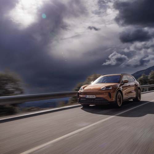 2027 Porsche Cayenne Electric E4 Madeira Gold Front View