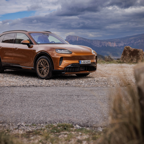 2027 Porsche Cayenne Electric E4 Madeira Gold Front View