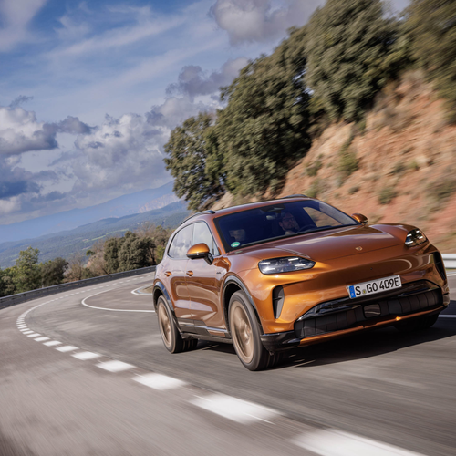 2027 Porsche Cayenne Electric E4 Madeira Gold Front View