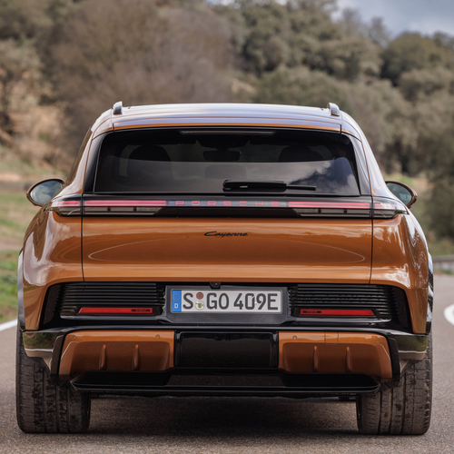 2027 Porsche Cayenne Electric E4 Madeira Gold Rear View