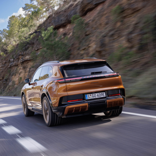 2027 Porsche Cayenne Electric E4 Madeira Gold Rear View