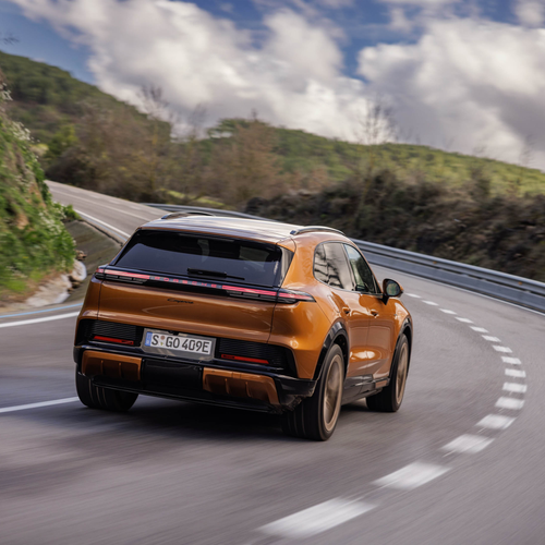 2027 Porsche Cayenne Electric E4 Madeira Gold Rear View