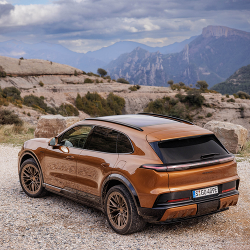 2027 Porsche Cayenne Electric E4 Madeira Gold Rear View