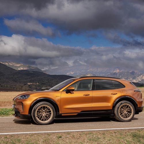 2027 Porsche Cayenne Electric E4 Madeira Gold Side View