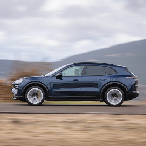 2027 Porsche Cayenne Turbo Electric E4 Algarve Blue Side View