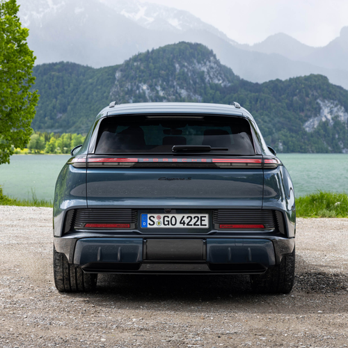 2027 Porsche Cayenne S Electric E4 Pale Blue Rear View