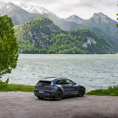 2027 Porsche Cayenne S Electric E4 Pale Blue Rear View