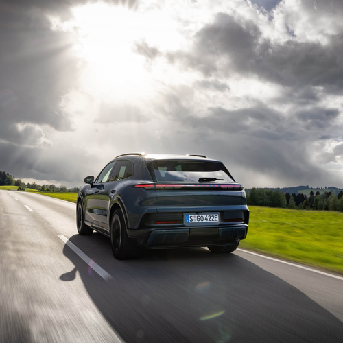 2027 Porsche Cayenne S Electric E4 Pale Blue Rear View