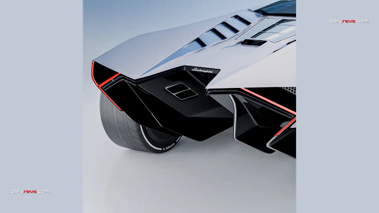 lamborghini-audace-concept-rear-three-quarter-design.jpg Rear three-quarter rendering of Alberto Buggiotti's silver Lamborghini Audace concept with angular red taillights and large rear wheels.