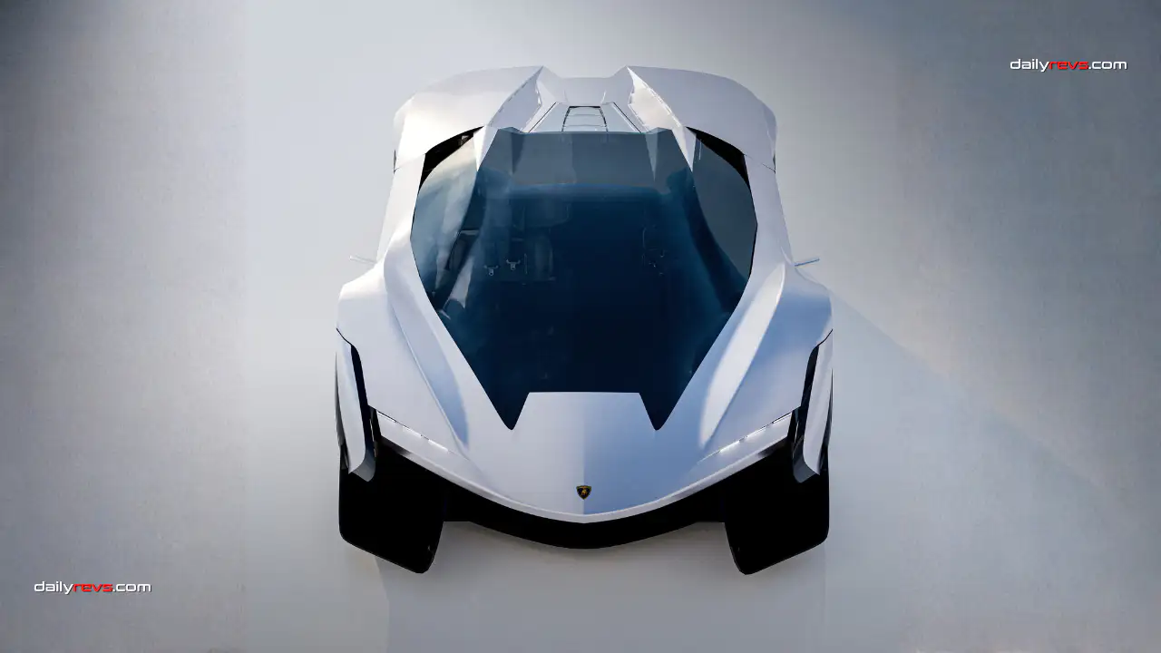 lamborghini-audace-glass-canopy-front-overhead-view.jpg Overhead front view of the Lamborghini Audace concept showing its dark panoramic glass canopy, pointed nose and wide front wheel structures.