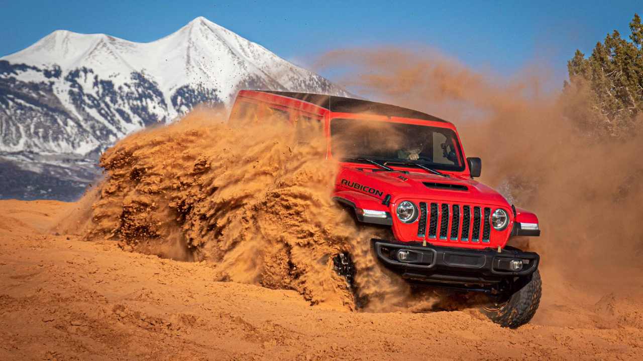 Front quarter shot of 2021 Jeep Wrangler Rubicon 392 on desert terrain