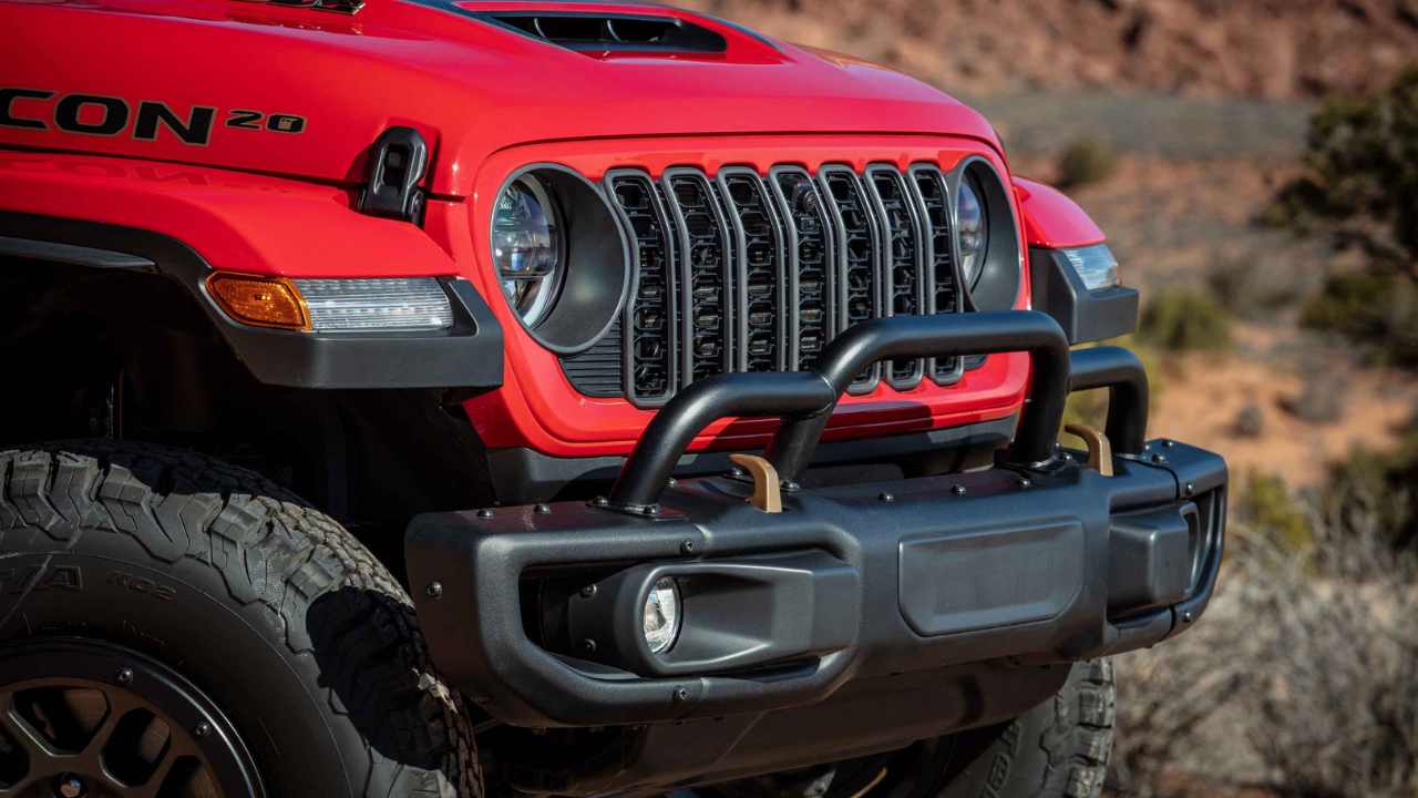 Front quarter shot of Wrangler 392 on rocky terrain