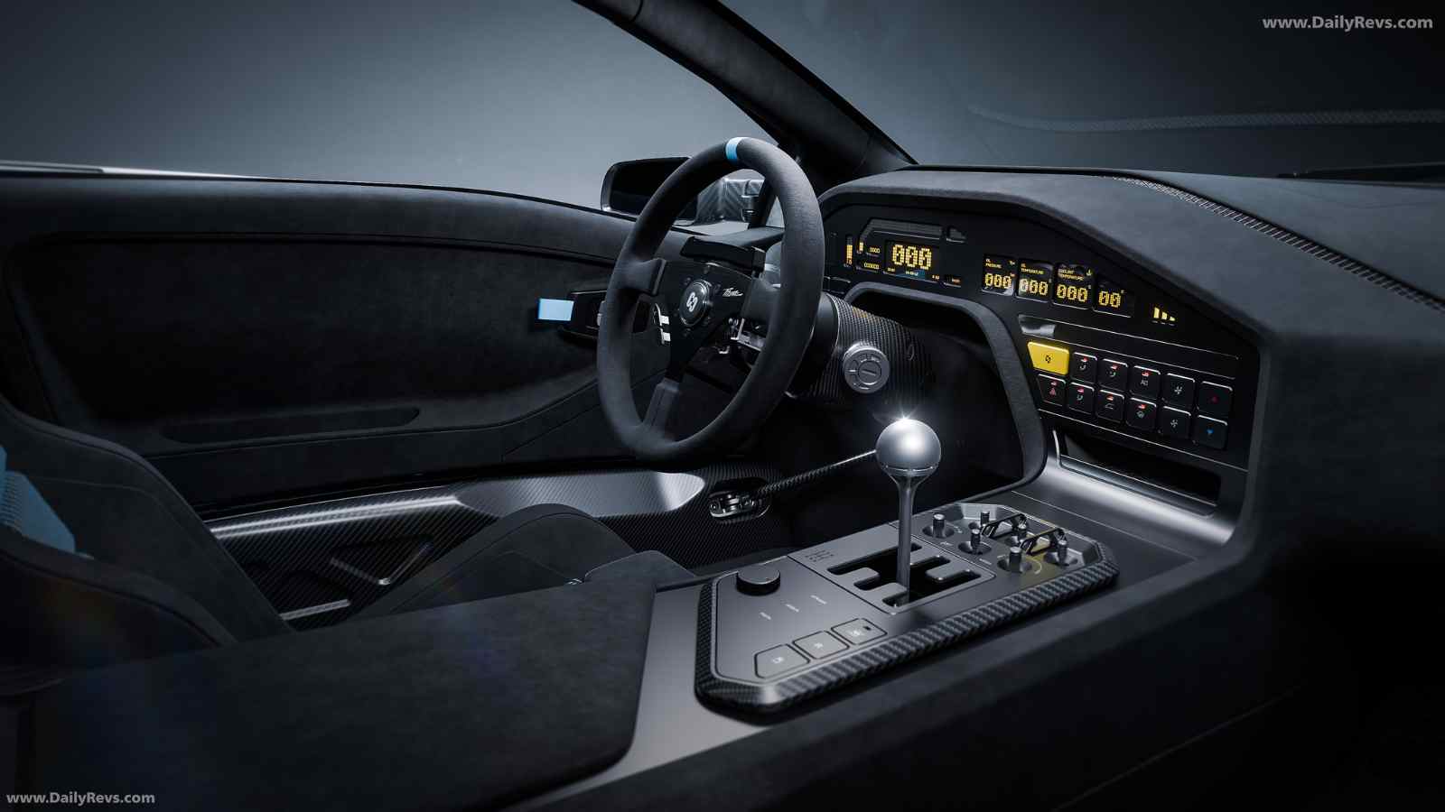 Eccentrica V12 Pacchetto Titano interior with carbon fiber and manual shifter Eccentrica V12 Pacchetto Titano interior with carbon fiber trim and manual gear shifter