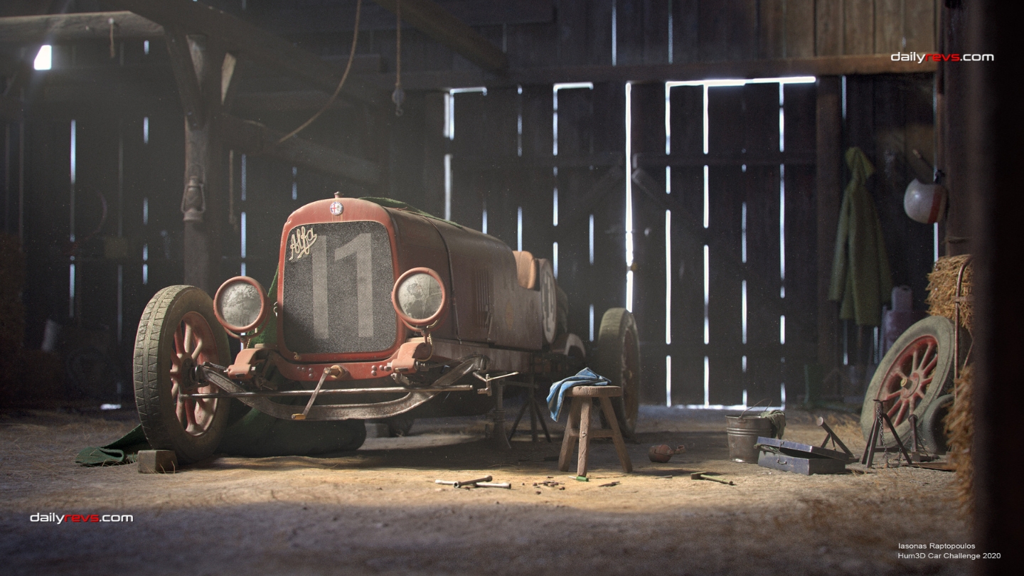 A Hidden Treasure by Iasonas Raptopoulos – Vintage Alfa Romeo Racing Car Vintage Alfa Romeo race car with number 11 on its front grille stands inside a rustic wooden barn, surrounded by spare wheels, tools, and dusty sunlight.