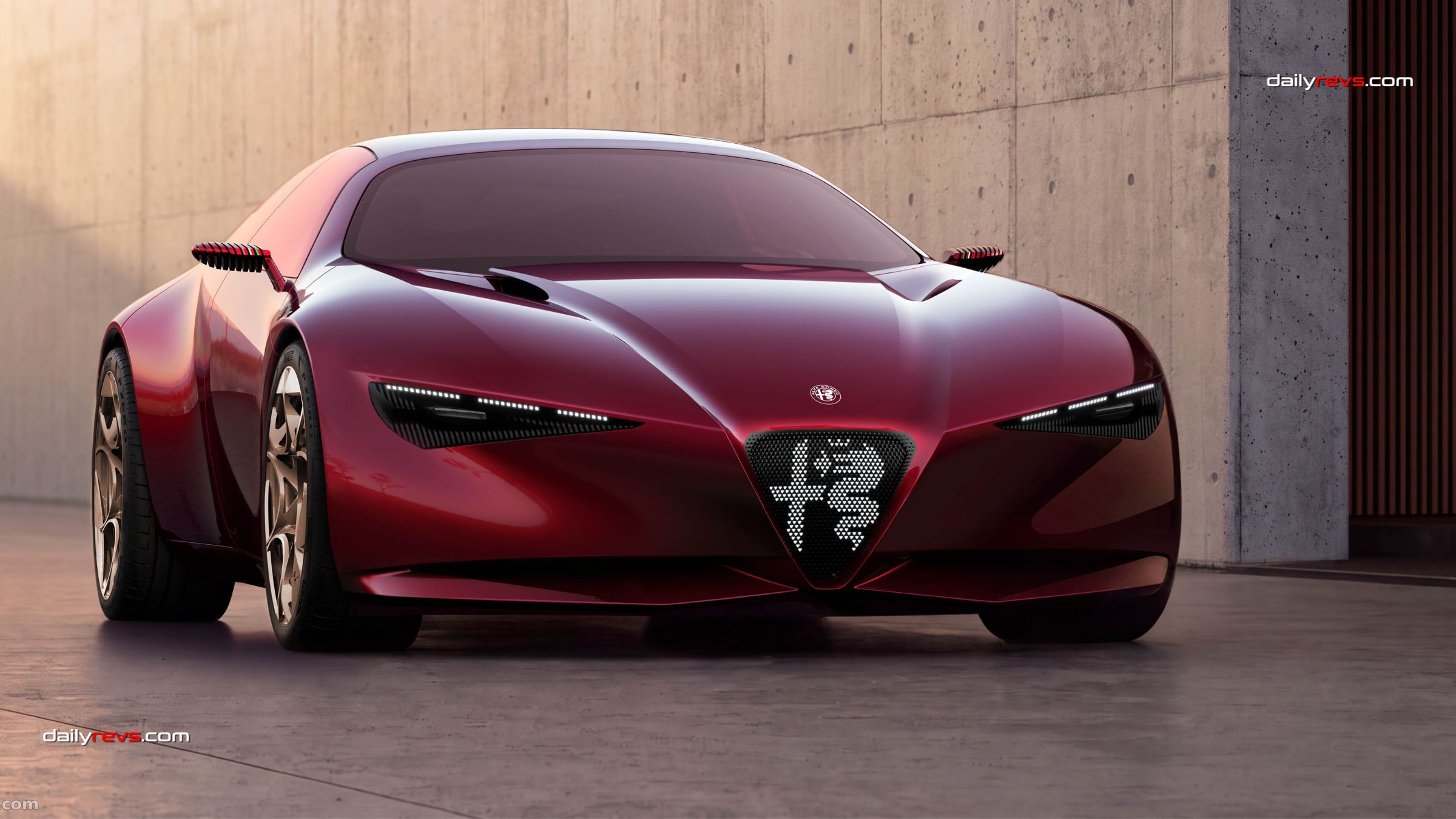 Burgundy Alfa Romeo Cuorerosso concept showing its triangular grille, slim LED headlights and sculpted front bodywork.