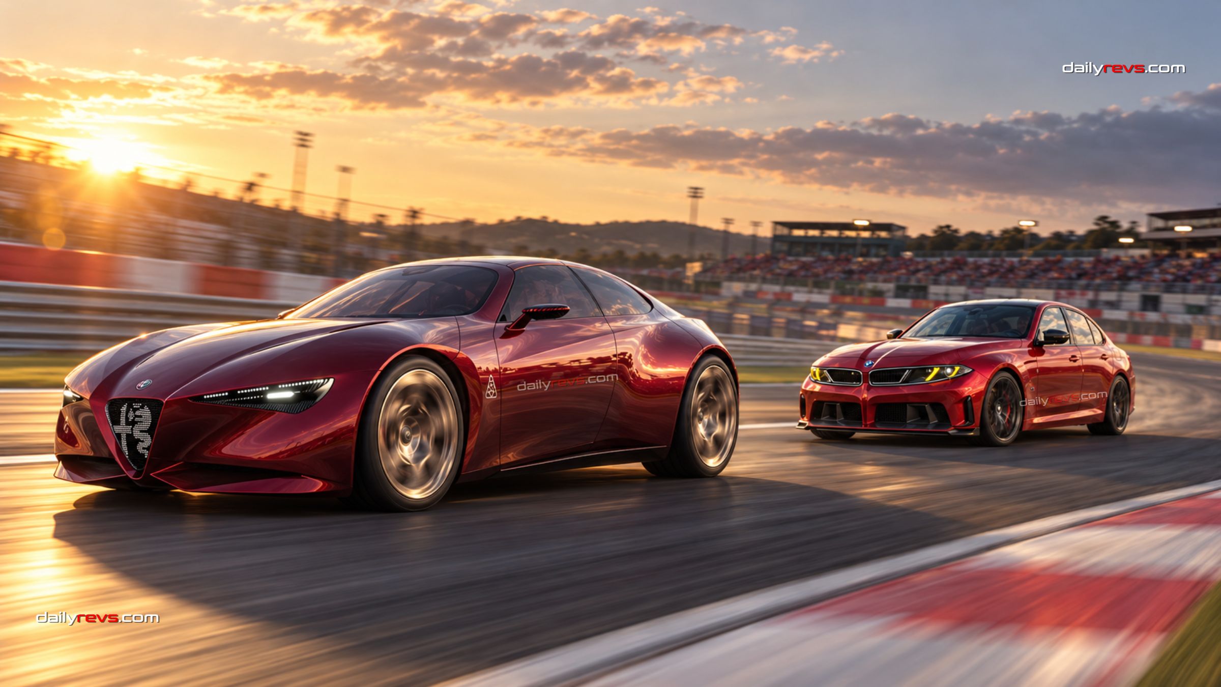 Alfa Romeo Cuorerosso concept ahead of a BMW M3-inspired sedan on a racing circuit at sunset, shown in a digital illustration