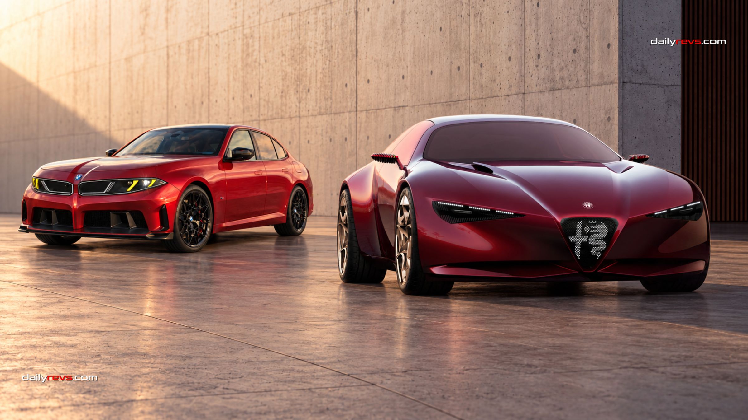 Alfa Romeo Cuorerosso concept alongside a BMW M3-inspired render, comparing their front styling in a concrete courtyard.