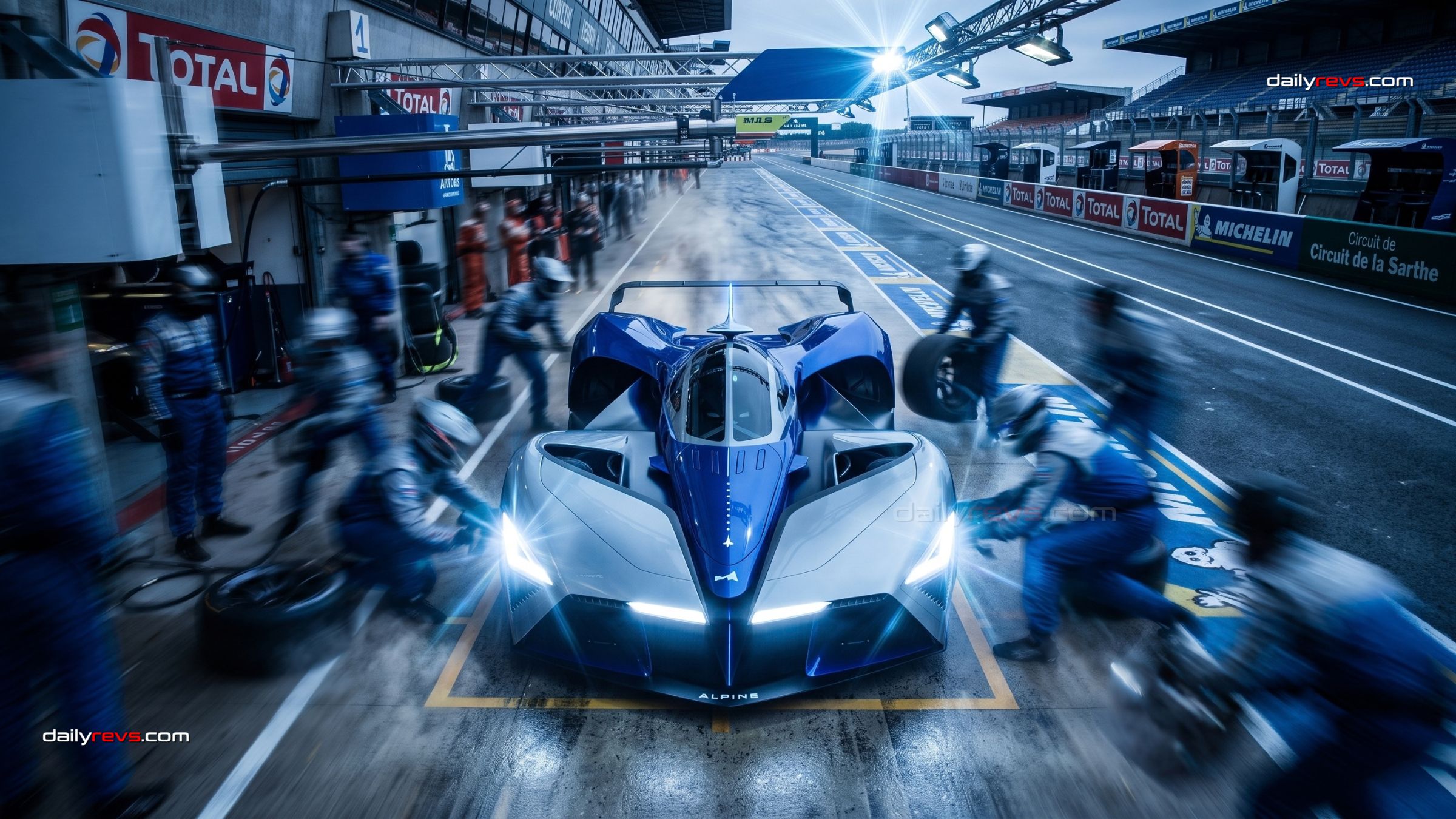 Elevated front view render of the Alpine A2180 Concorde concept surrounded by pit crew changing wheels in the Le Mans pit lane.