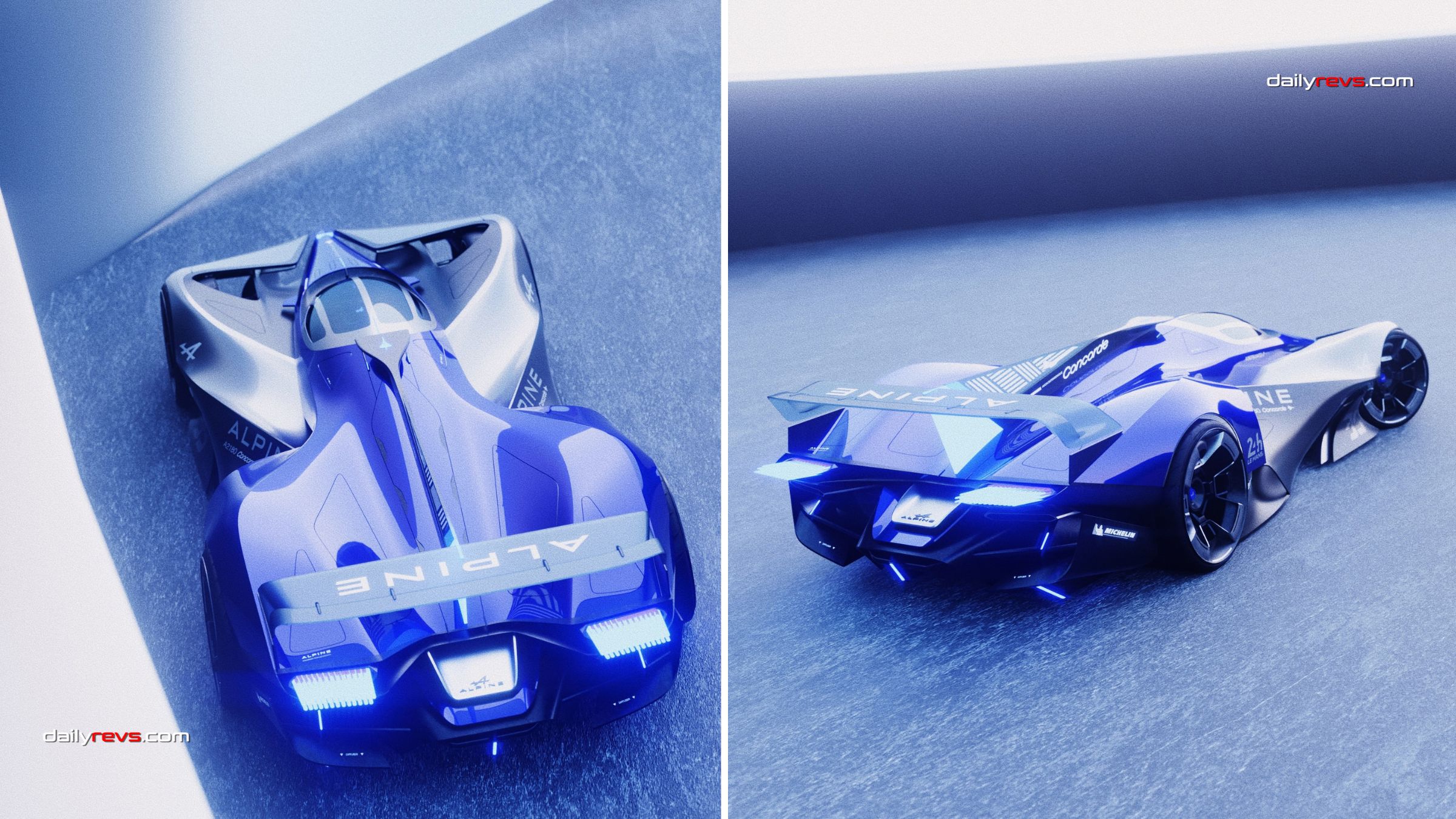 Paired overhead and rear three quarter renders of the Alpine A2180 Concorde concept, showing its central canopy, rear wing and illuminated taillights.
