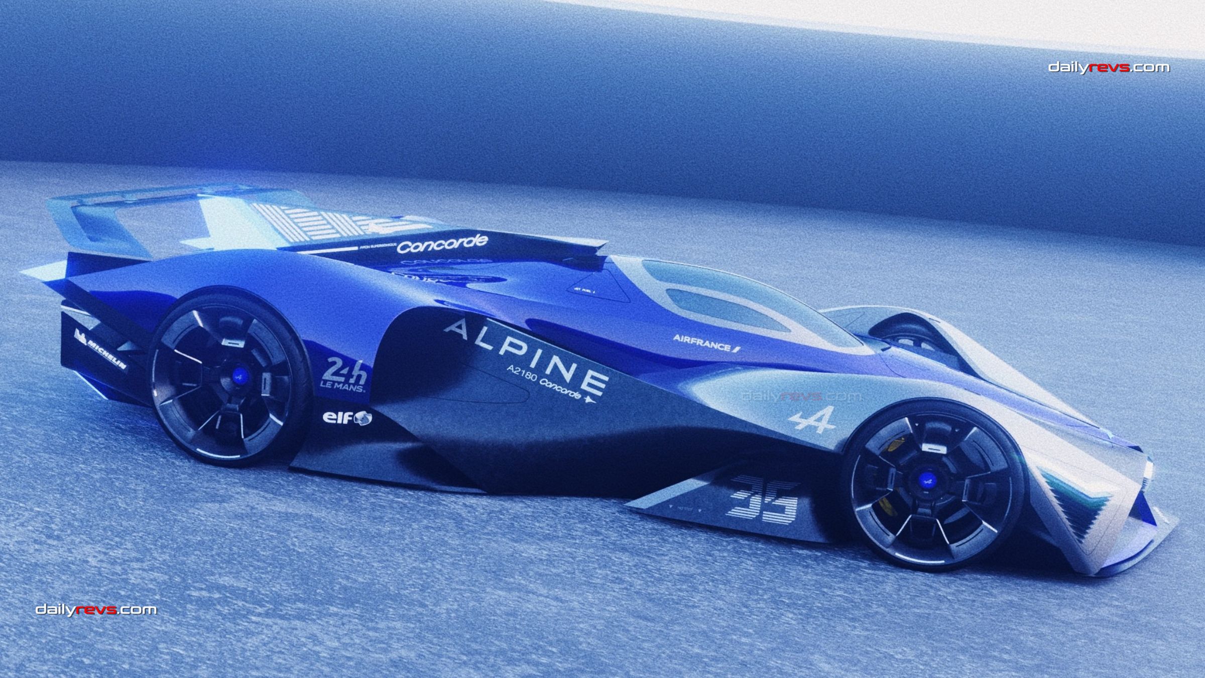 Side profile render of John Jungtaek Cho’s blue and silver Alpine A2180 Concorde concept, showing its canopy cockpit, sculpted side channels and rear wing.