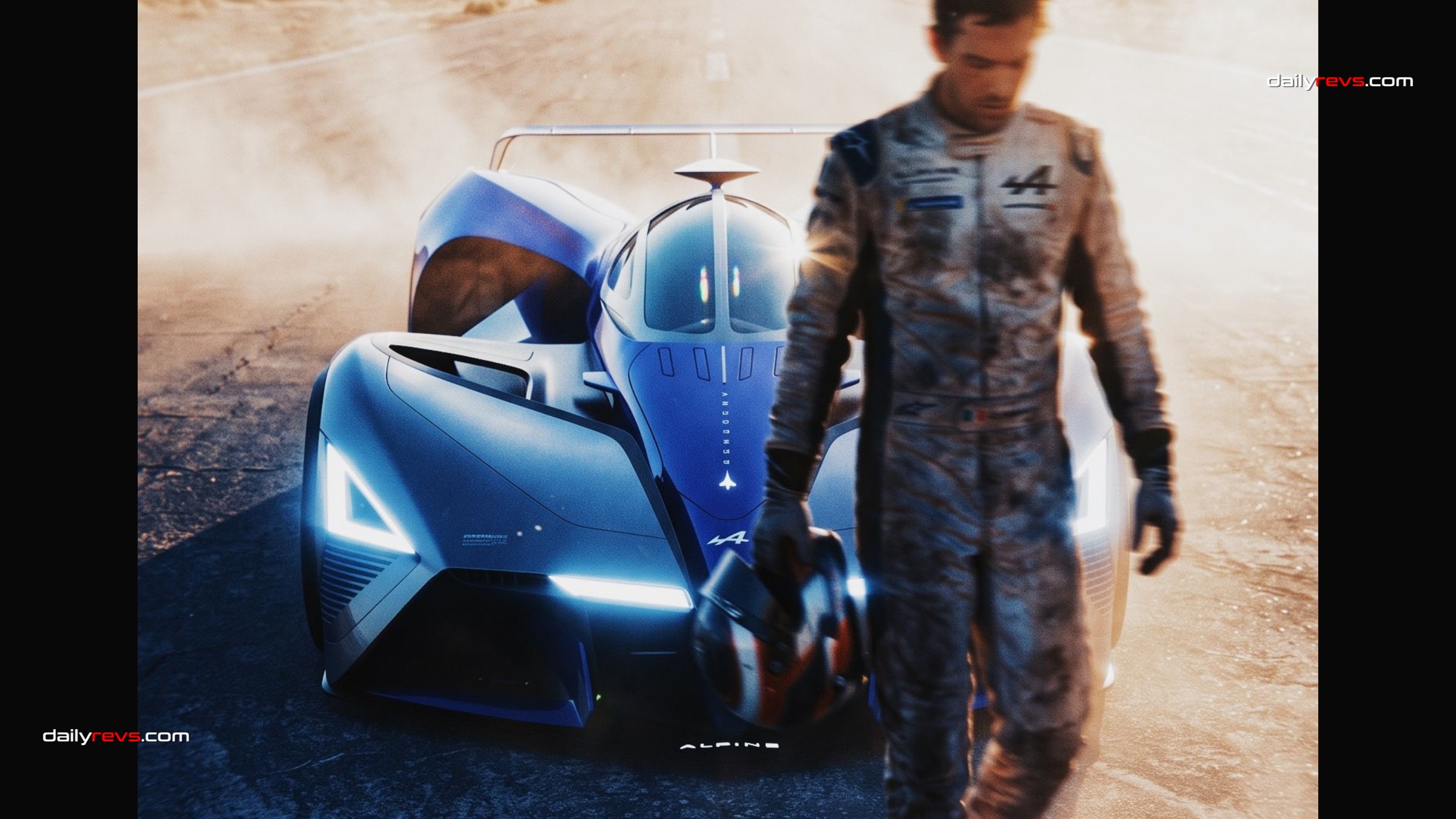 Front view render of the Alpine A2180 Concorde concept with illuminated angular headlights and a racing driver carrying a helmet in the foreground.
