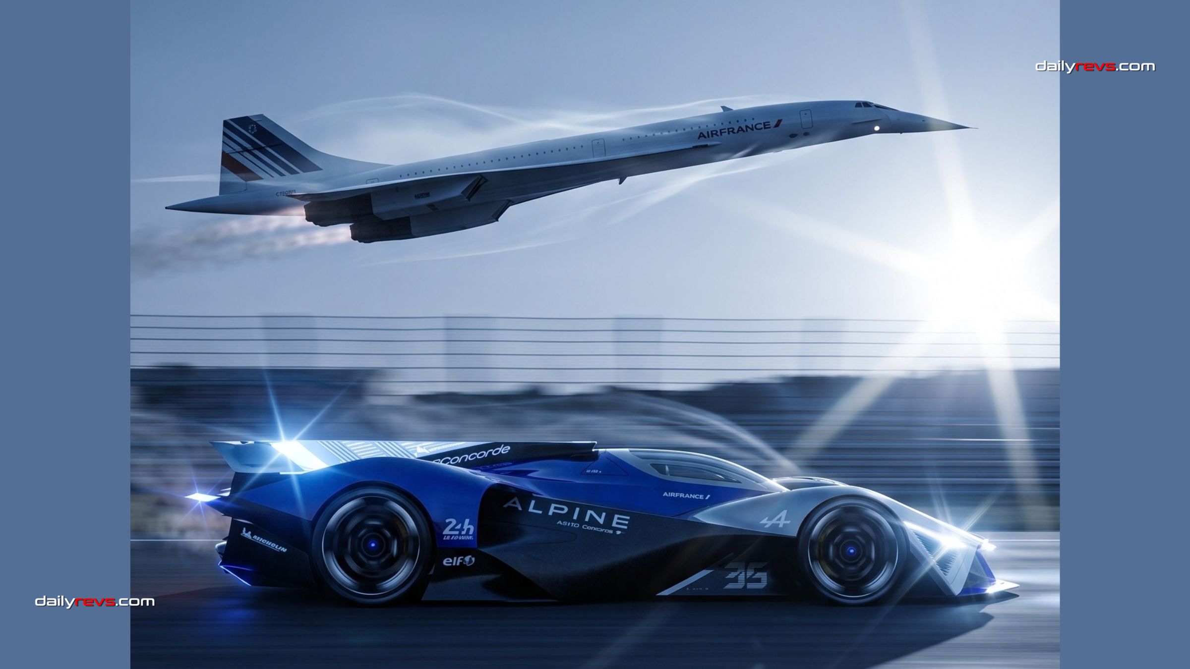 Side view render of the blue and silver Alpine A2180 Concorde hypercar concept travelling beneath an Air France Concorde in flight.