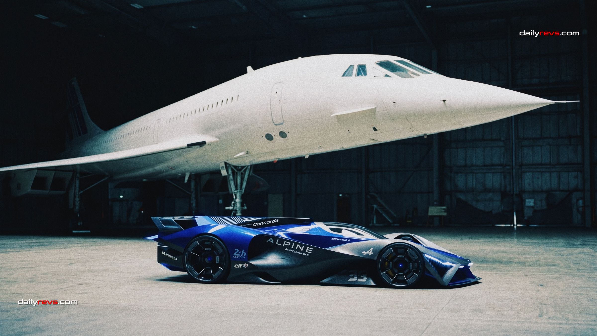 Side view render of the blue and silver Alpine A2180 Concorde hypercar concept parked beneath a Concorde aircraft inside a hangar.