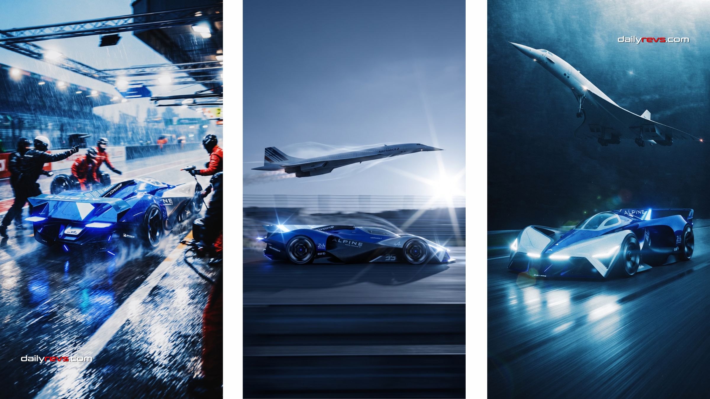 Three panel montage showing the Alpine A2180 Concorde concept during a rainy pit stop and in side and front views alongside Concorde aircraft.