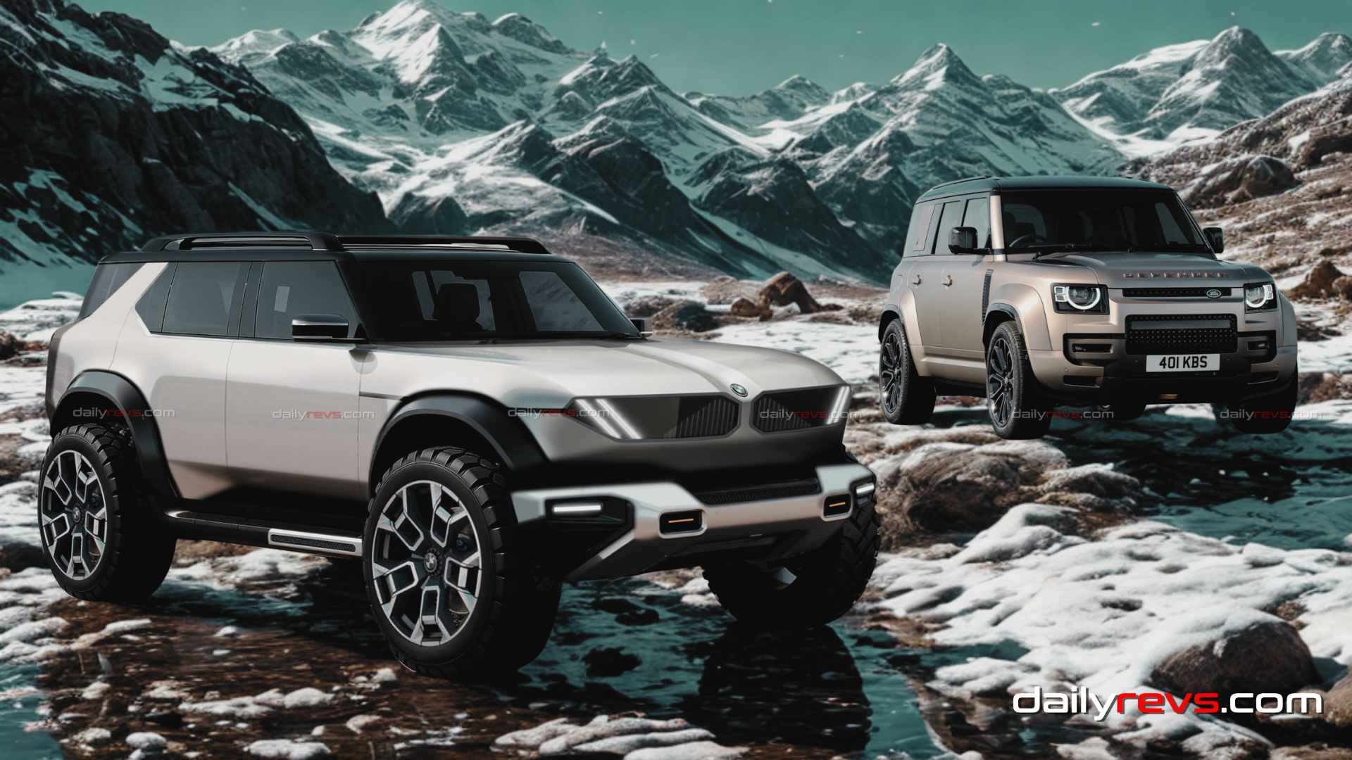 BMW G74 Render vs Land Rover Defender Render of BMW G74 rugged SUV with Neue Klasse design language compared side-by-side with Land Rover Defender.