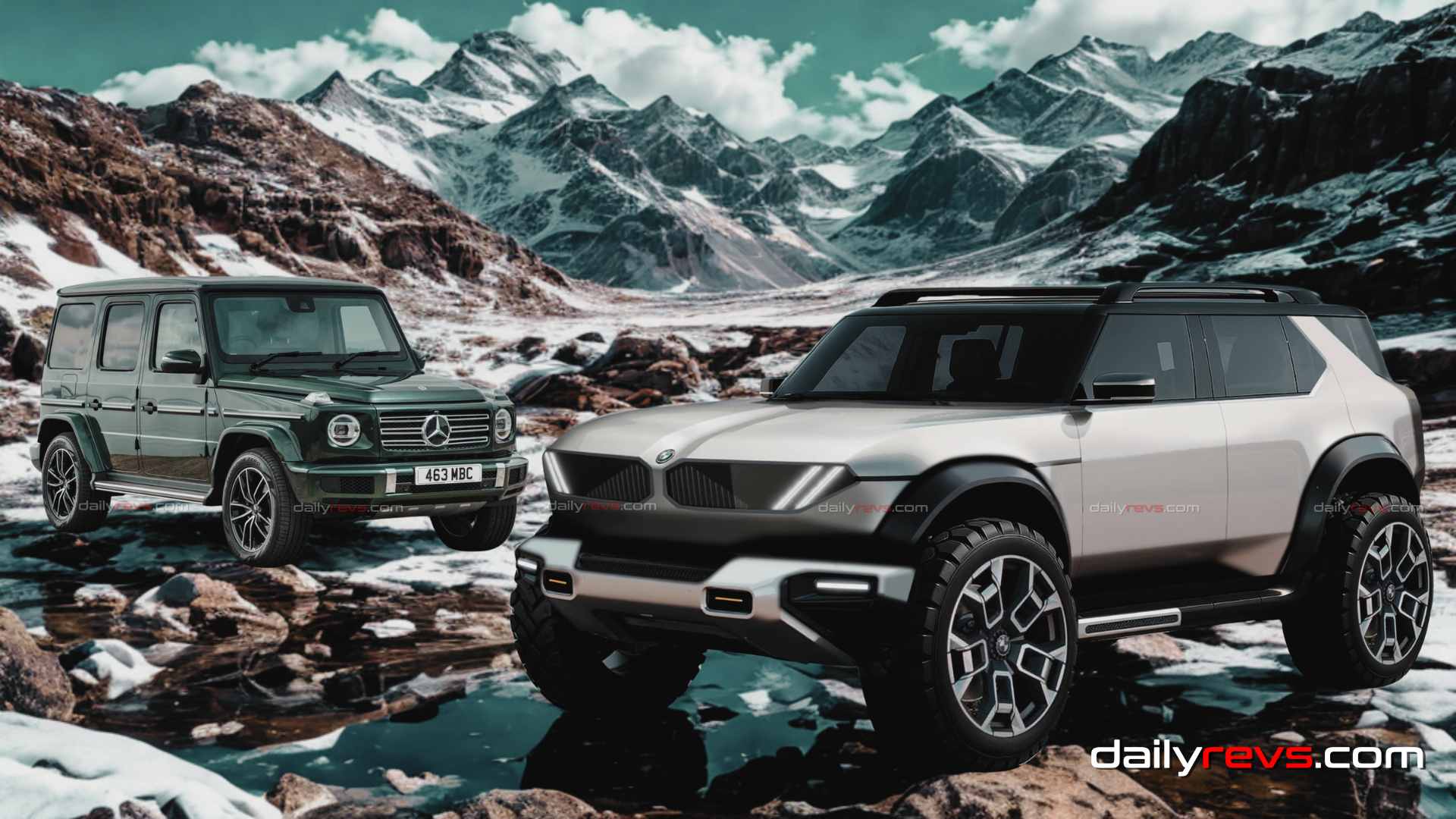 BMW G74 Render vs Mercedes G-Class Render of BMW G74 rugged SUV with Neue Klasse design language compared side-by-side with Mercedes-Benz G-Class.