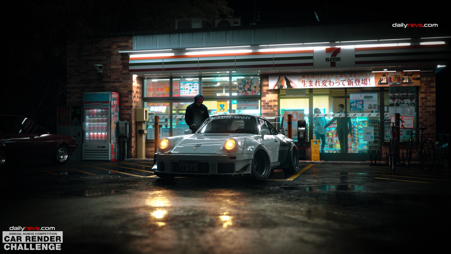 Edogawa Run by Swizprod – Porsche 911 Widebody at Japanese Convenience Store Modified white Porsche 911 with widebody fenders, deep-dish wheels, and illuminated headlights parked outside a Japanese 7-Eleven convenience store at night.