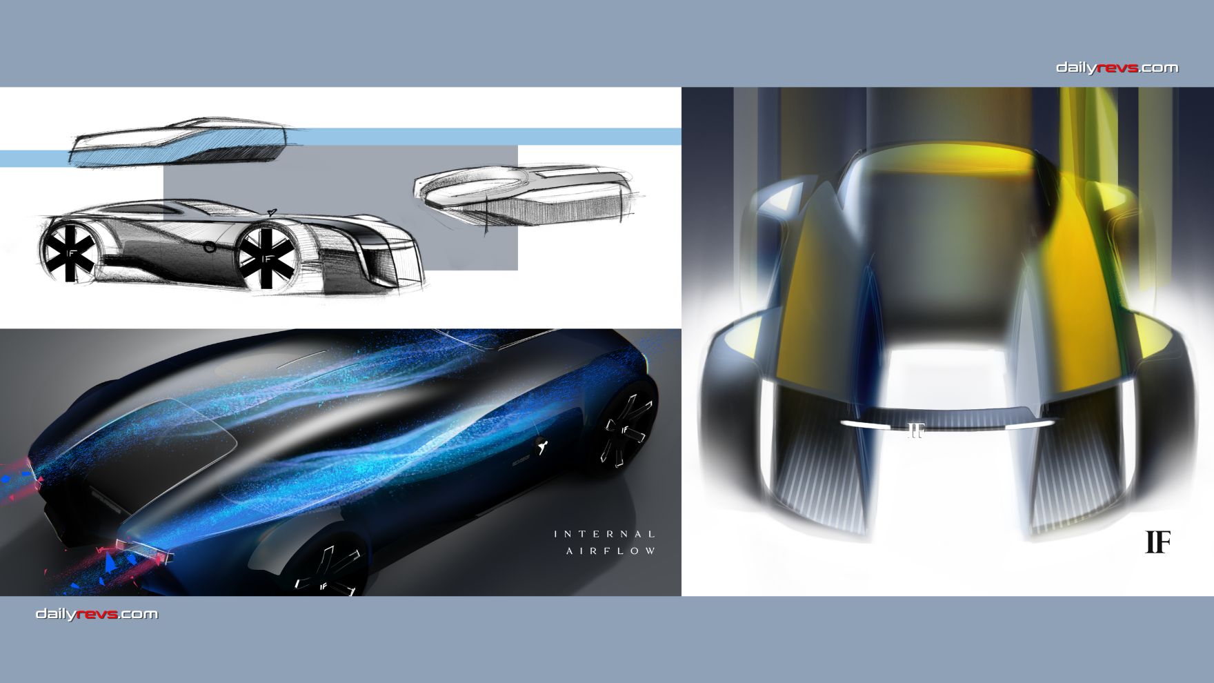 Isotta Fraschini Tipo XXI design board with body sketches and blue airflow graphics illustrating two channels running through the concept.