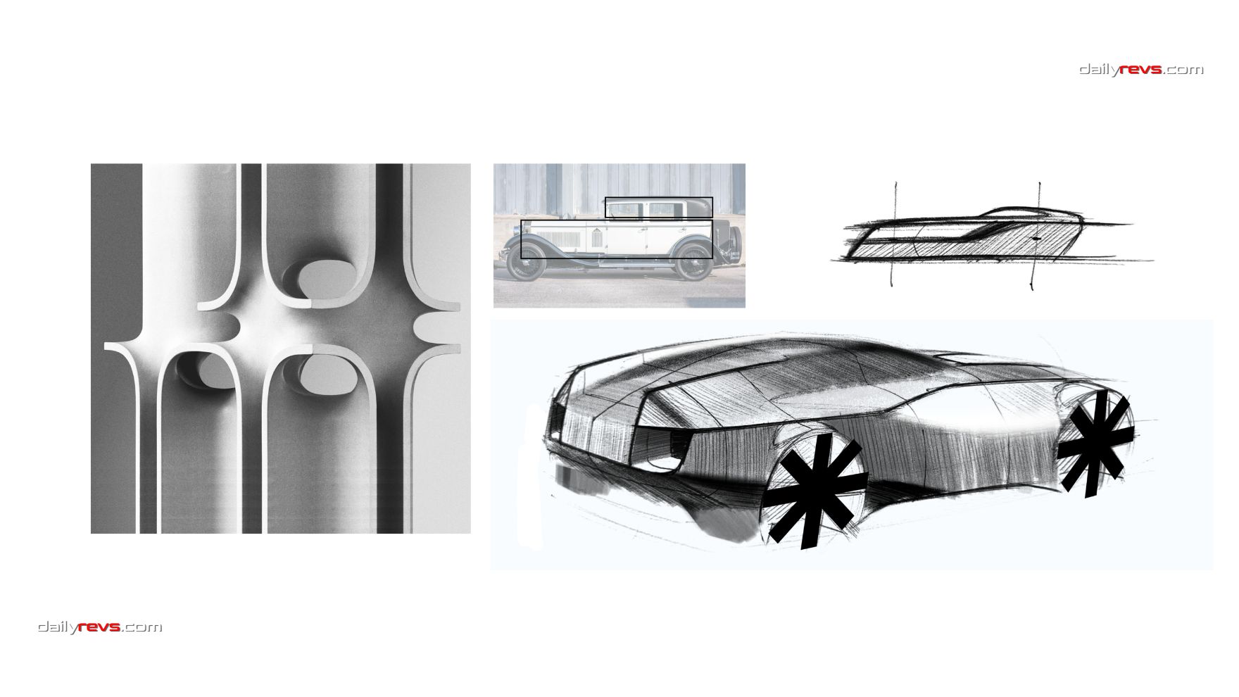 Isotta Fraschini Tipo XXI development board showing sculptural forms, a classic car proportion study and exterior sketches with pronounced wheel arches.