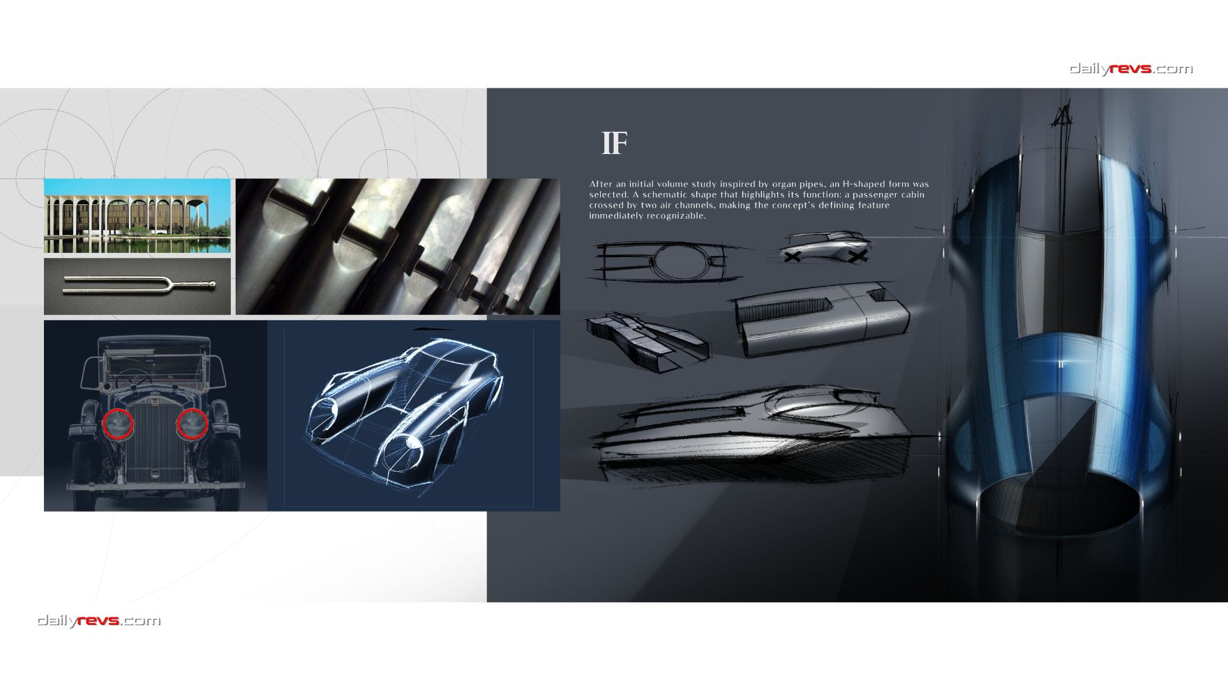 Roberto Lacarbonara’s Isotta Fraschini Tipo XXI research board combining organ pipe references, a historic car and sketches of the H shaped body layout.