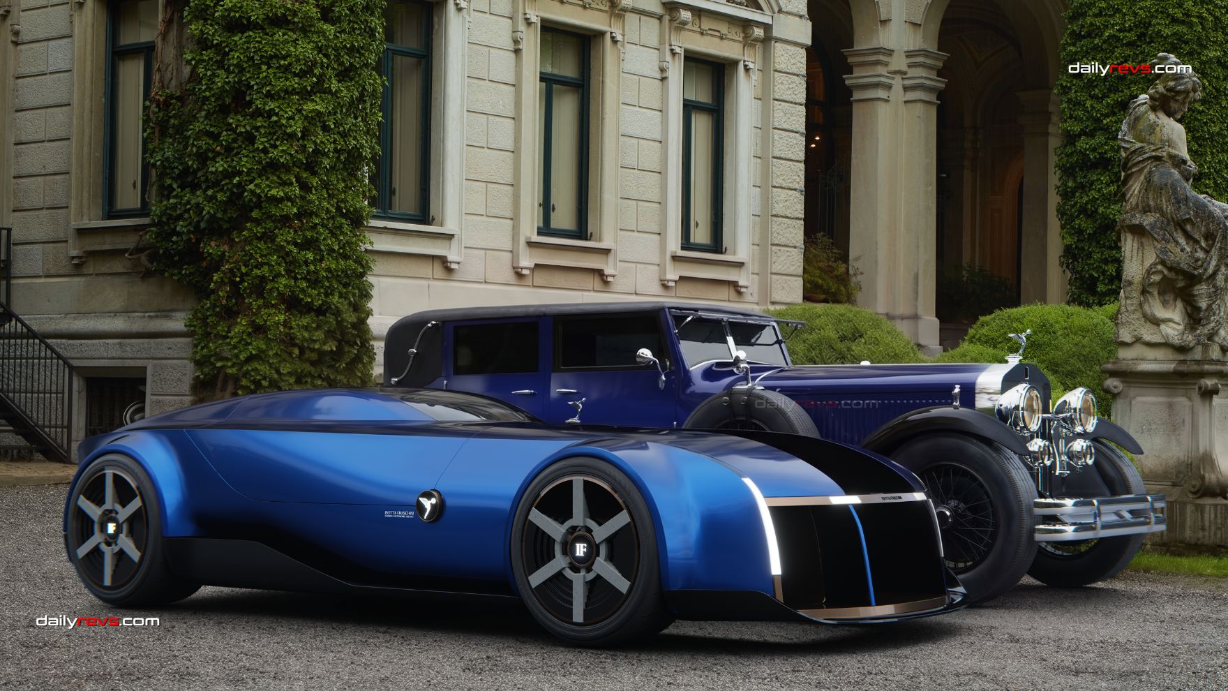 Blue Isotta Fraschini Tipo XXI Antonietta concept by Roberto Lacarbonara rendered beside a classic Isotta Fraschini outside an ornate villa.