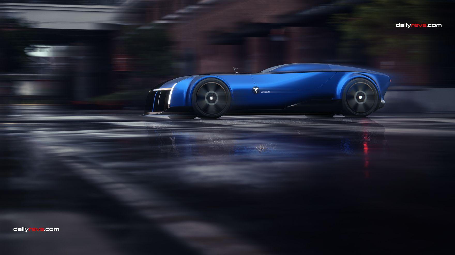 Side profile render of the blue Isotta Fraschini Tipo XXI Antonietta travelling along a wet city street, with blurred buildings and reflections on the road.