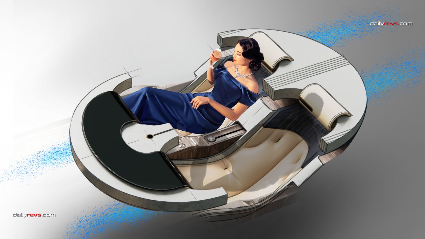 Interior design illustration of Isotta Fraschini Tipo XXI Antonietta showing a reclining passenger, two sculpted seats, a central console and blue airflow graphics.