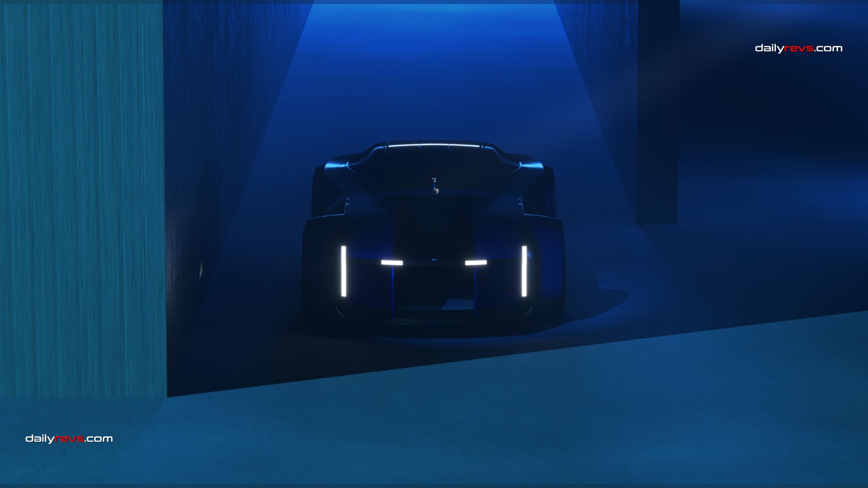 Blue Isotta Fraschini Tipo XXI Antonietta rendered from the rear three quarter, showing horizontal taillights, sculpted wheel arches and a low canopy against arched architecture.