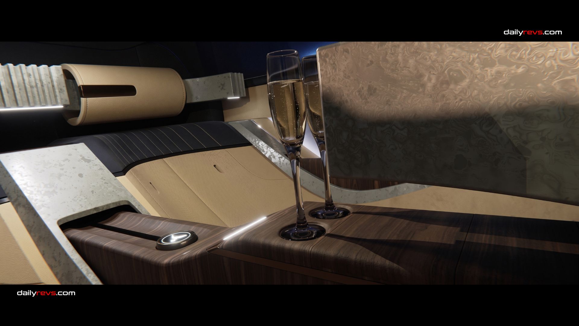 Isotta Fraschini Tipo XXI Antonietta cabin with two passenger displays, cream seating, a wood finished centre console and champagne glasses.