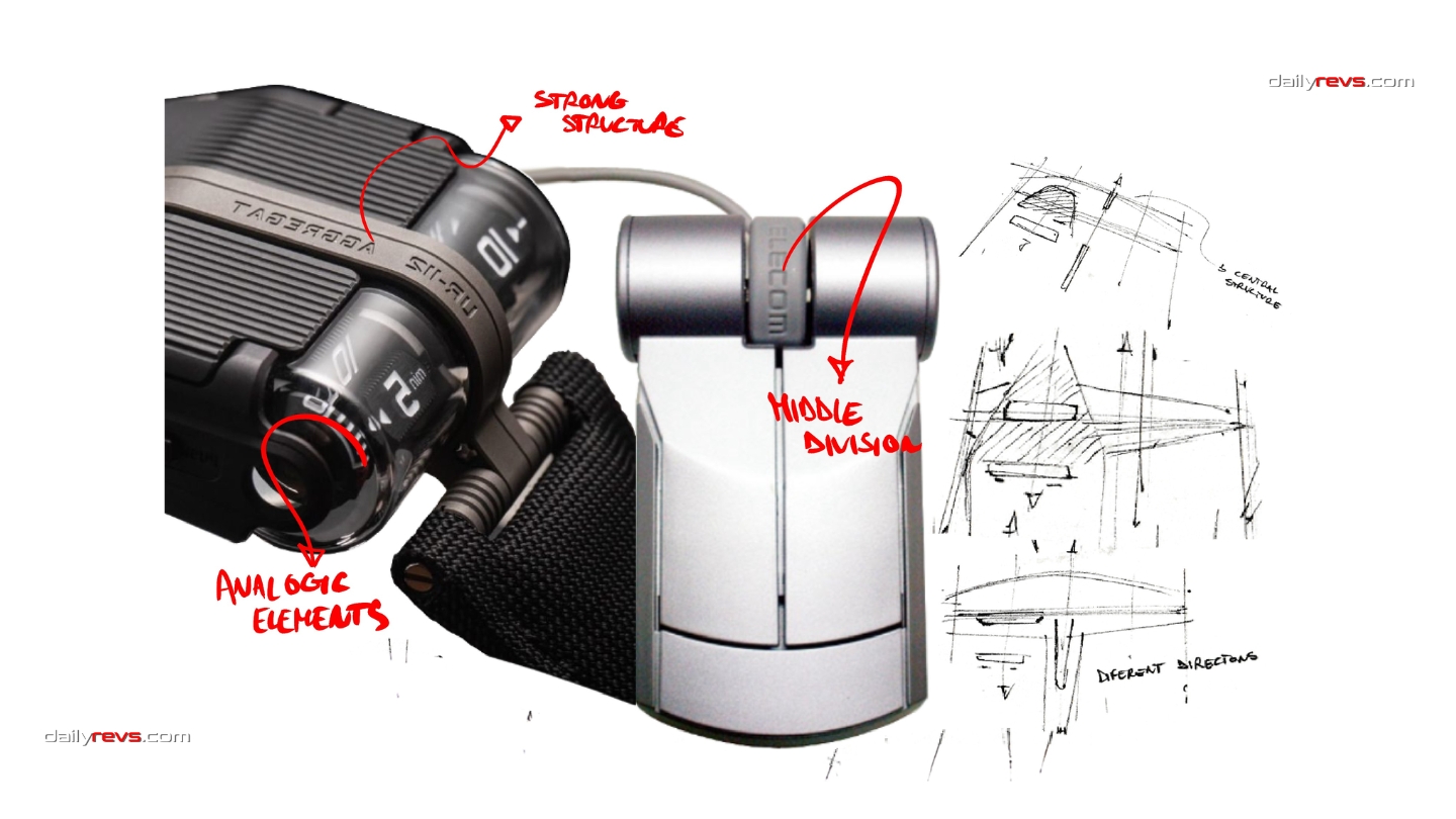 Marco Basile’s MARK 00 GT GRANITE design study showing camera inspired cylindrical controls, analog elements and early cockpit sketches