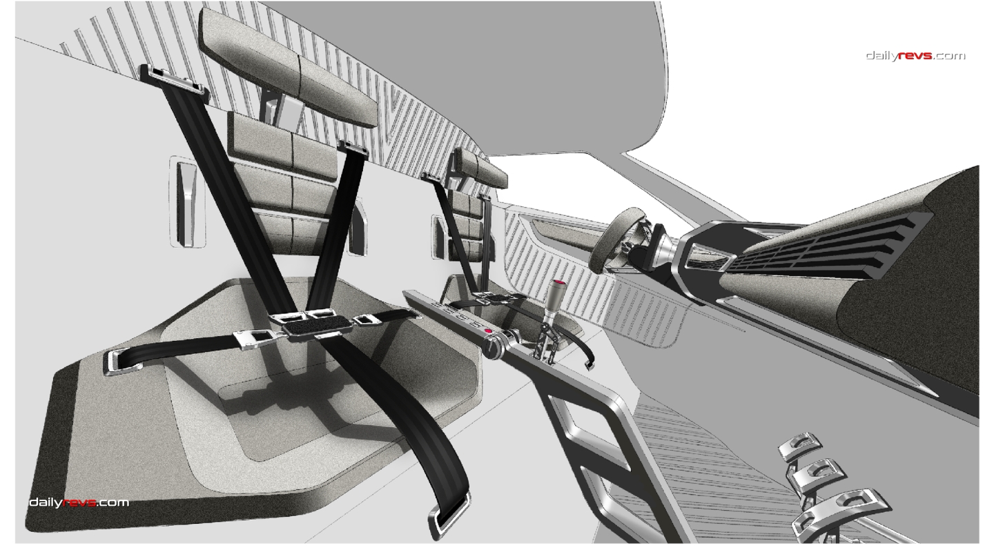 MARK 00 GT GRANITE interior design sketch by Marco Basile showing racing inspired seats, harnesses, centre console and mechanical gear selector